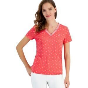 Nautica Jeans Women's Dot-Print V-Neck Short Sleeve Top in Pink Rouge & White